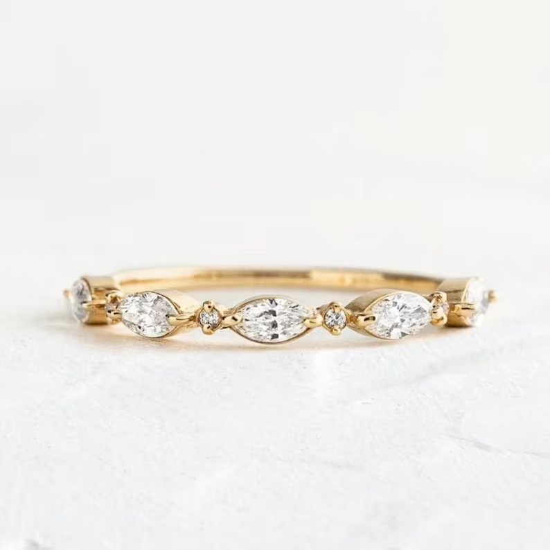 Dainty Marquise and Round Moissanite Wedding Band